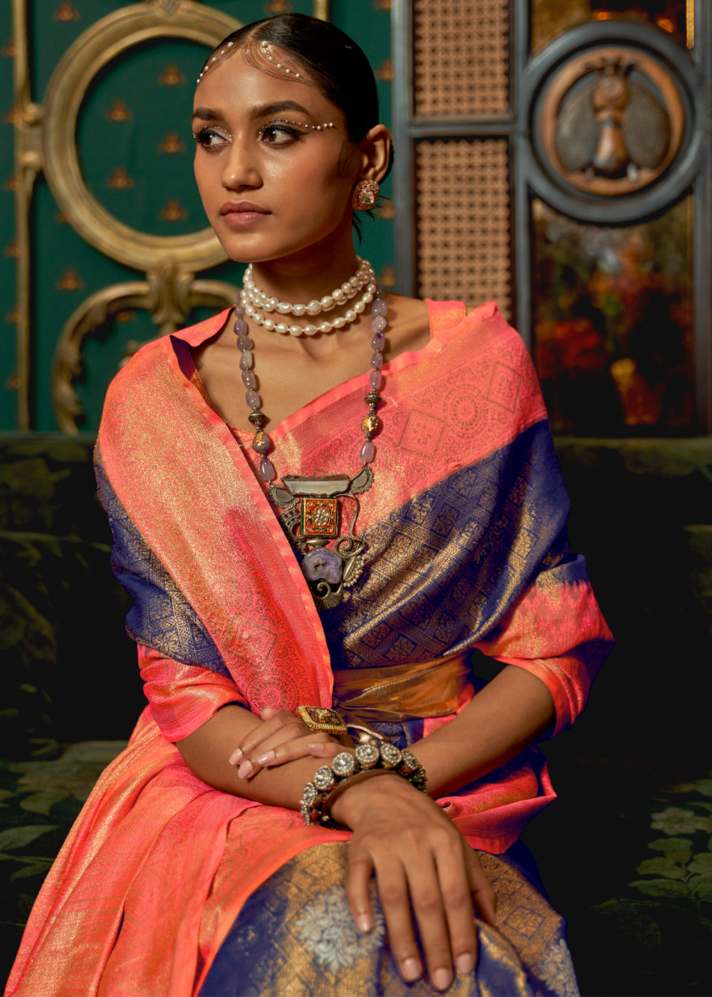 Buy MySilkLove Mulled Blue and Pink Zari Woven Banarasi Tussar Saree Online