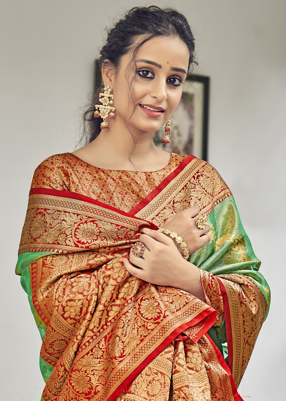 Buy MySilkLove Hippie Green and Red Zari Woven Organza Tissue Silk Saree Online