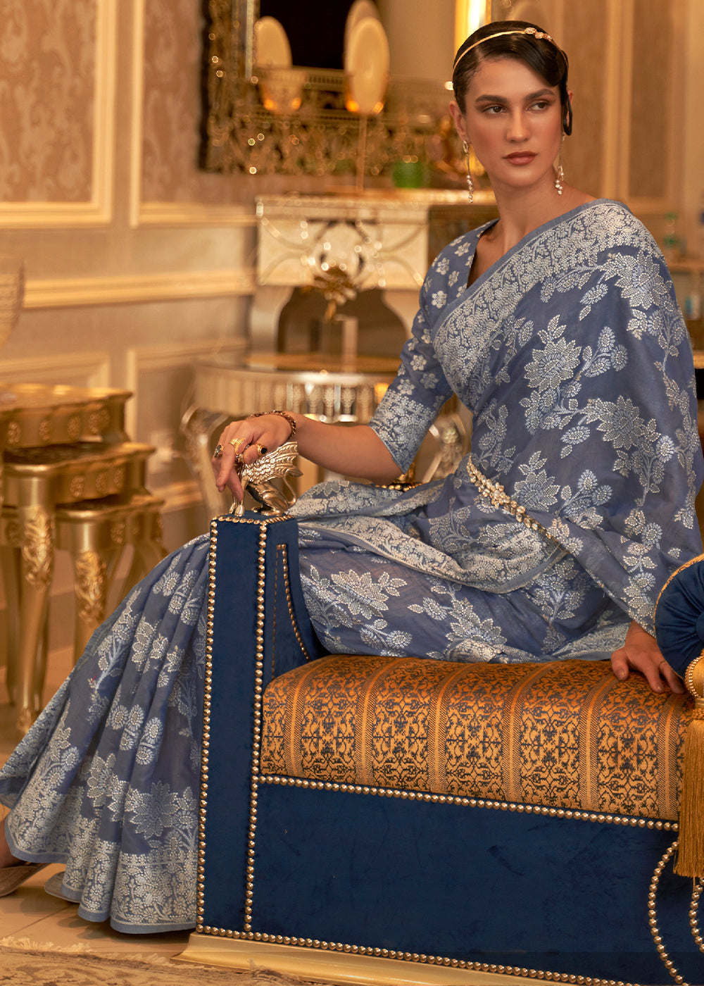Buy MySilkLove Scarpa Flow Blue Woven Chikankari Saree Online