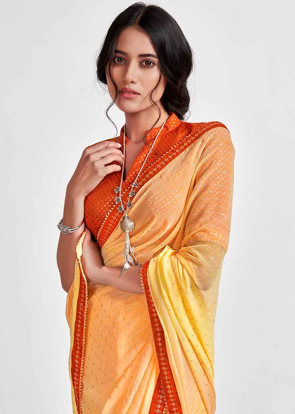 MySilkLove Golden Yellow Printed Georgette Saree