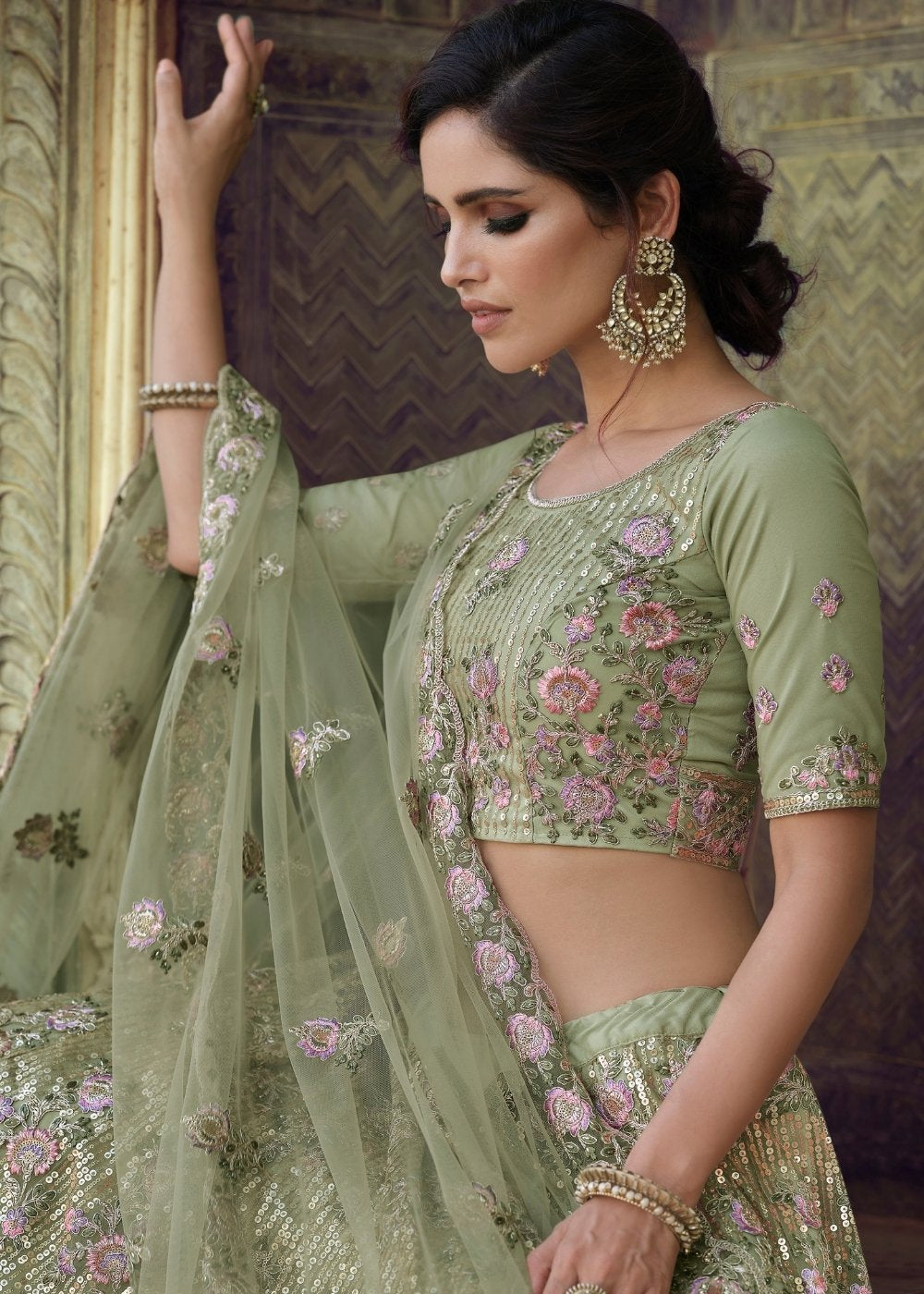 Buy MySilkLove Hillary Green Soft Net Designer Lehenga Choli Online
