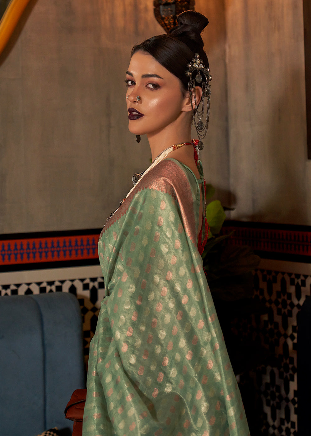 Buy MySilkLove Clay Green Zari Woven Tissue Saree Online