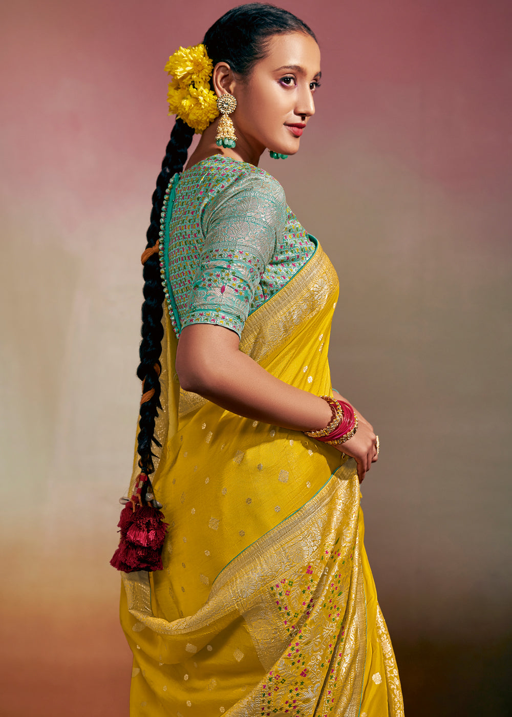 Buy MySilkLove Galliano Yellow Woven Banarasi Soft Silk Saree Online