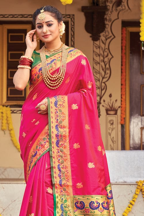 Buy MySilkLove Wild Pink and Green Zari Woven Paithani Saree Online