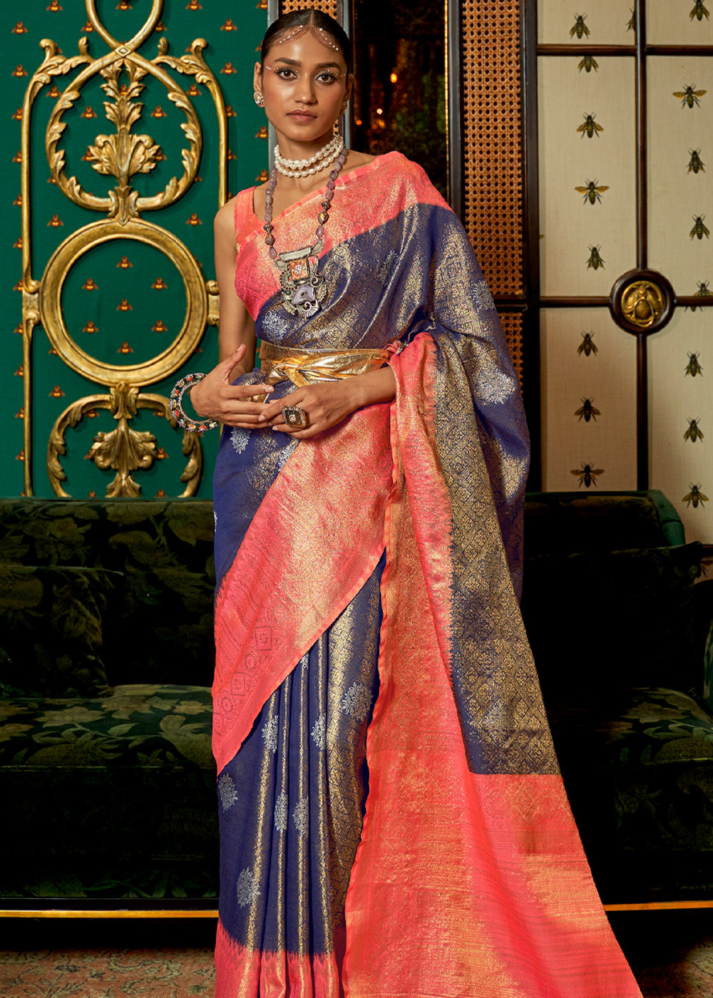 Buy MySilkLove Mulled Blue and Pink Zari Woven Banarasi Tussar Saree Online