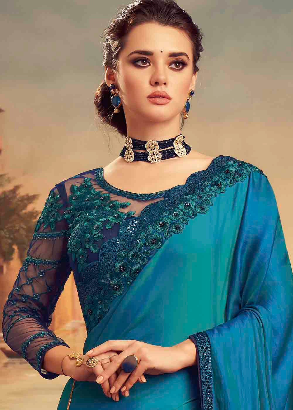 Buy MySilkLove Calypso Blue Embroidered Satin Silk Designer Saree Online