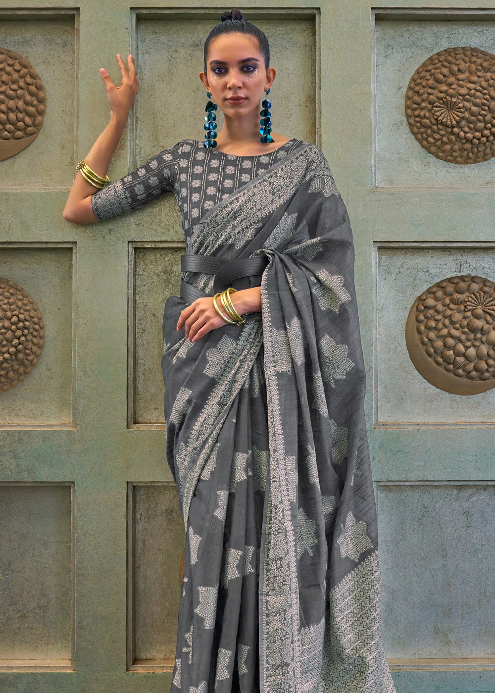 Buy MySilkLove Sparrow Grey Lucknowi Woven Chikankari Saree Online