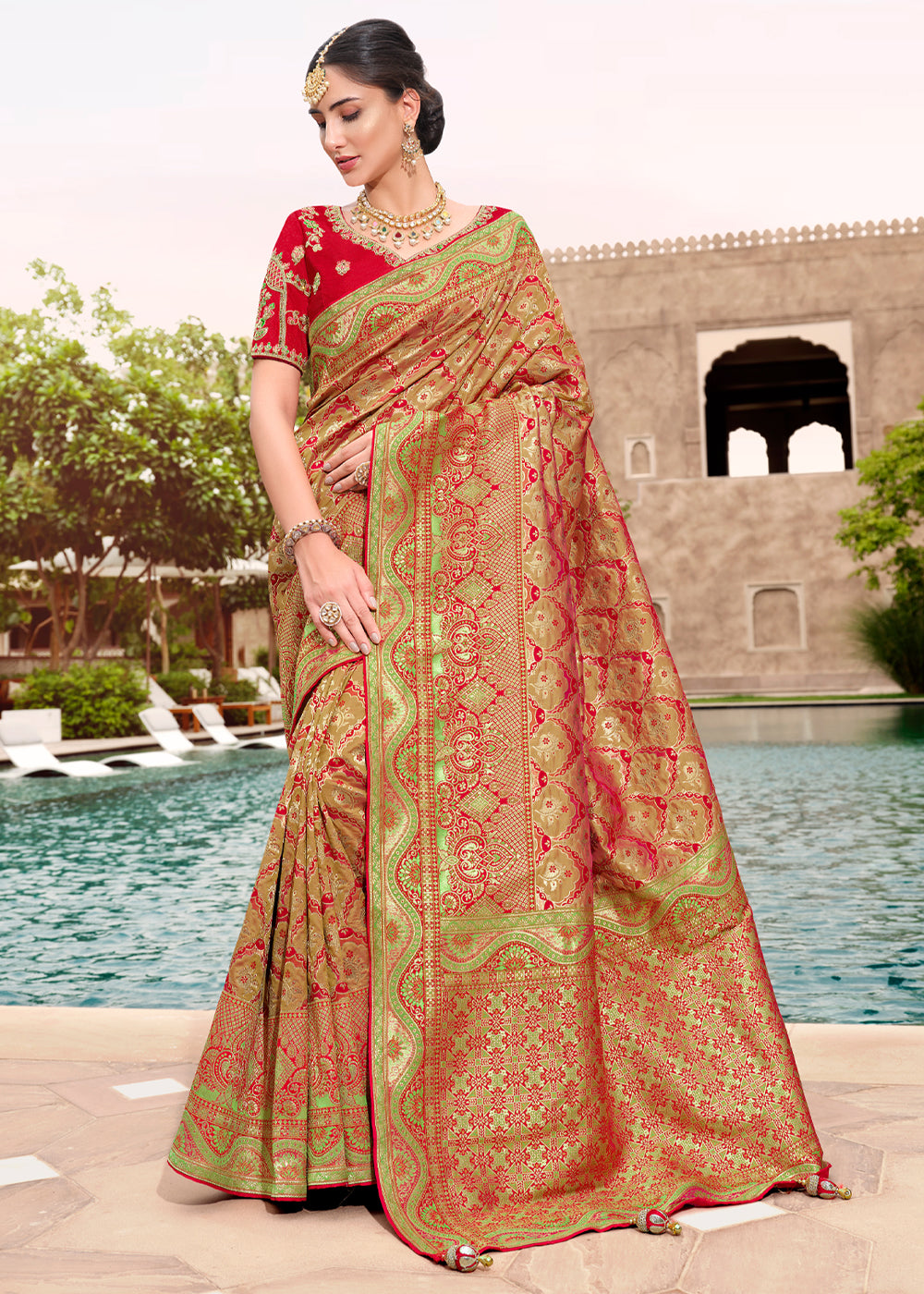 Buy MySilkLove Brass Red and Golden Woven Designer Banarasi Silk Saree Online