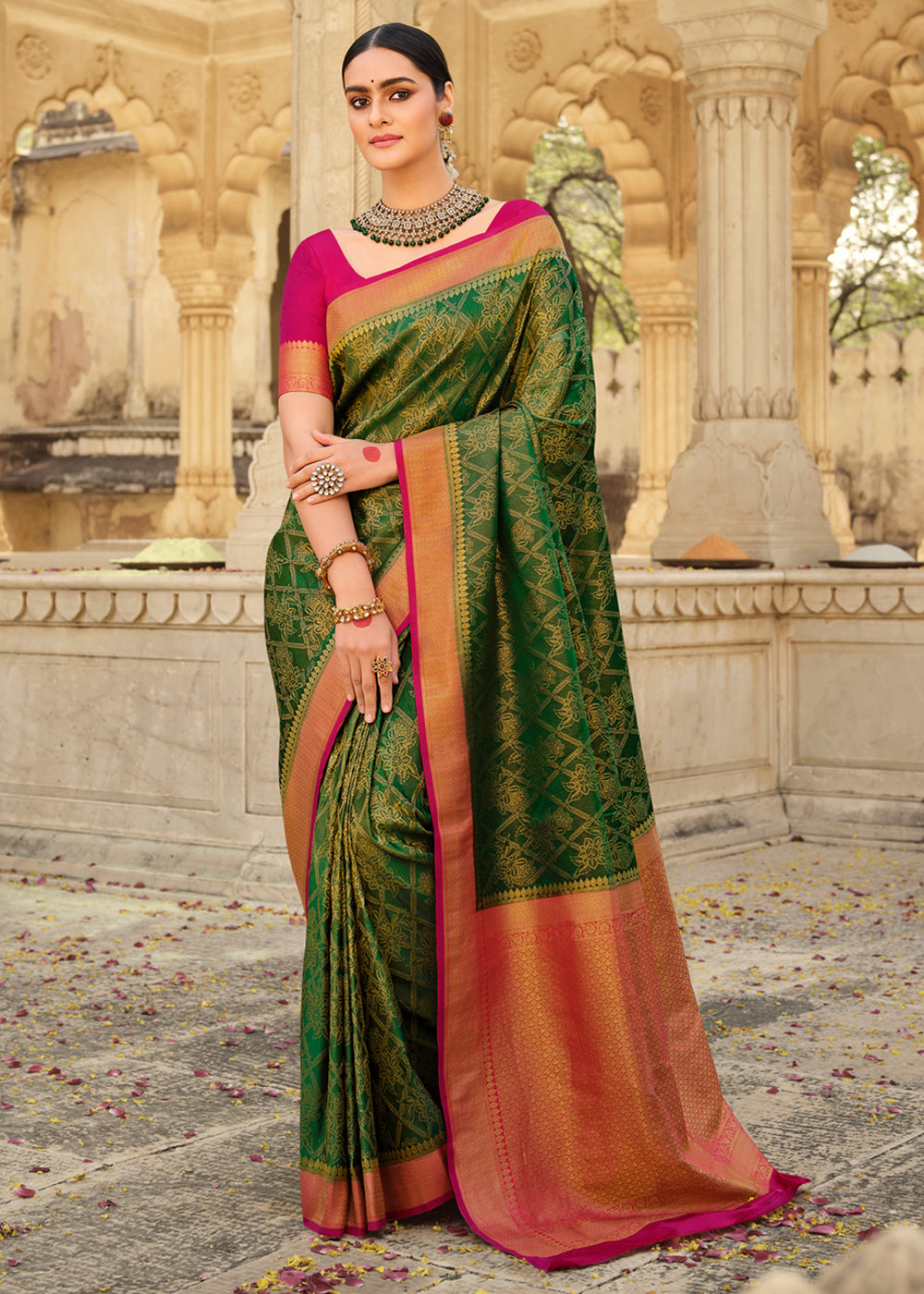 Thatch Green & Pink Zari Woven Kanjivaram Saree – MySilkLove