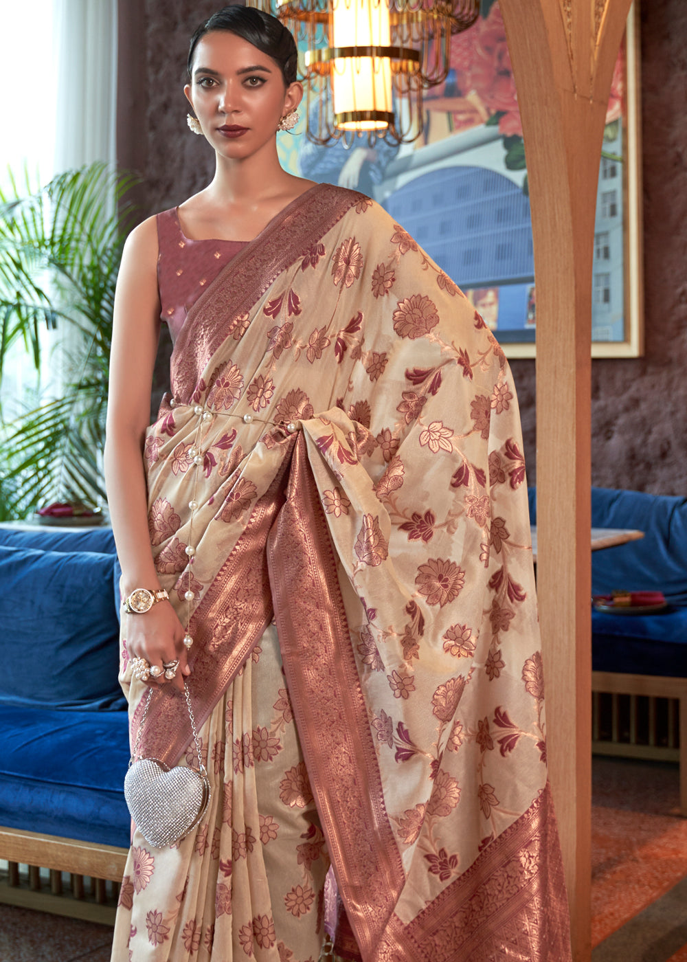Buy MySilkLove Brandy Cream and Brown Bronze Zari Organza Woven Silk Saree Online