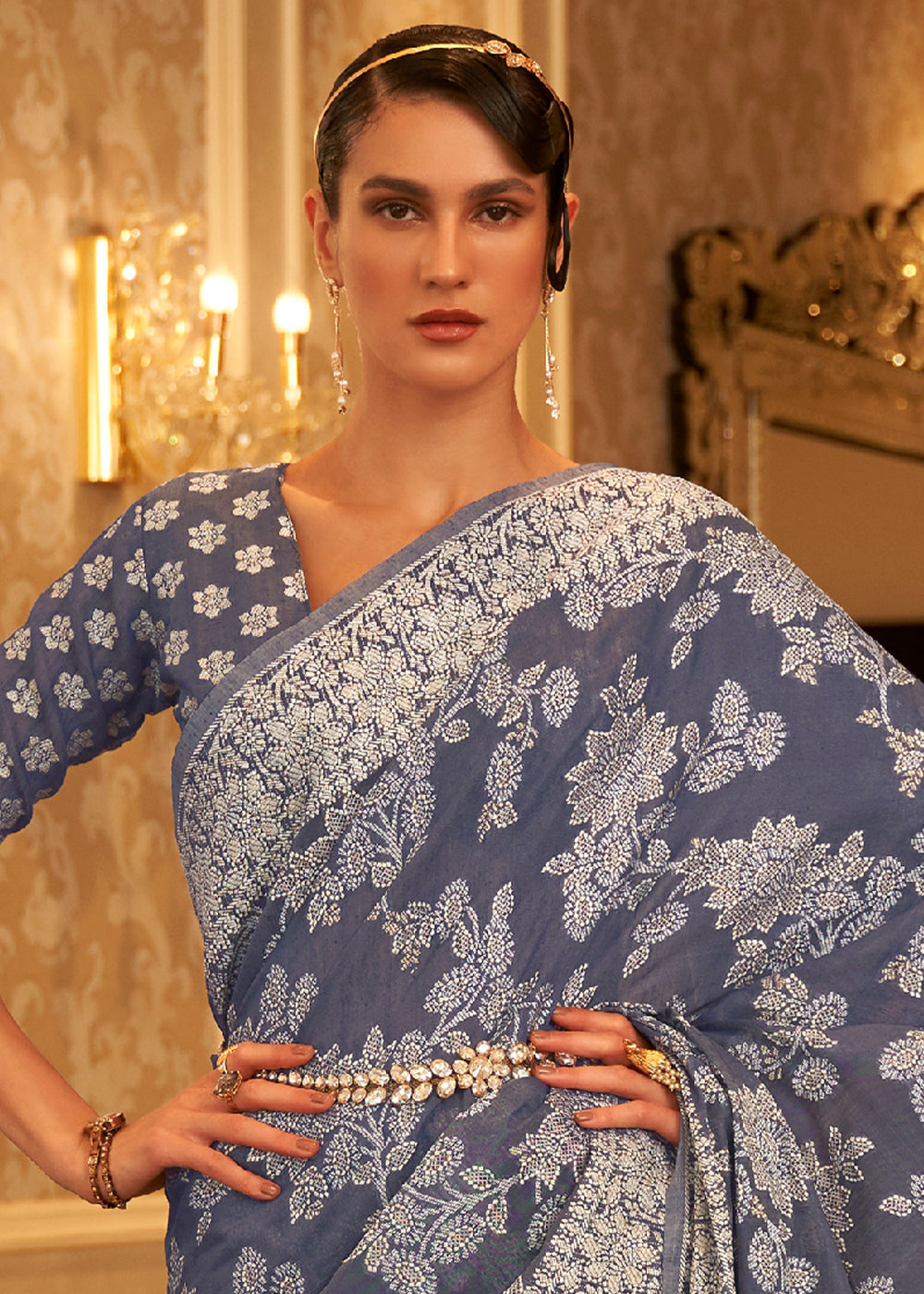 Buy MySilkLove Scarpa Flow Blue Woven Chikankari Saree Online
