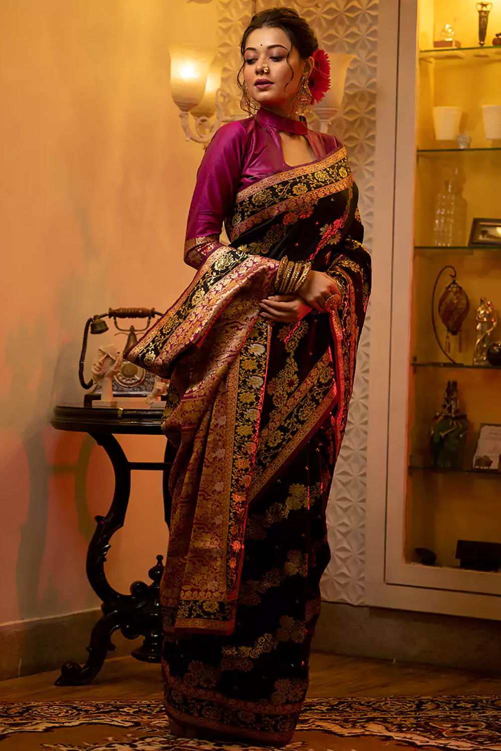 Buy MySilkLove Nero Black Woven Banarasi Silk Saree Online