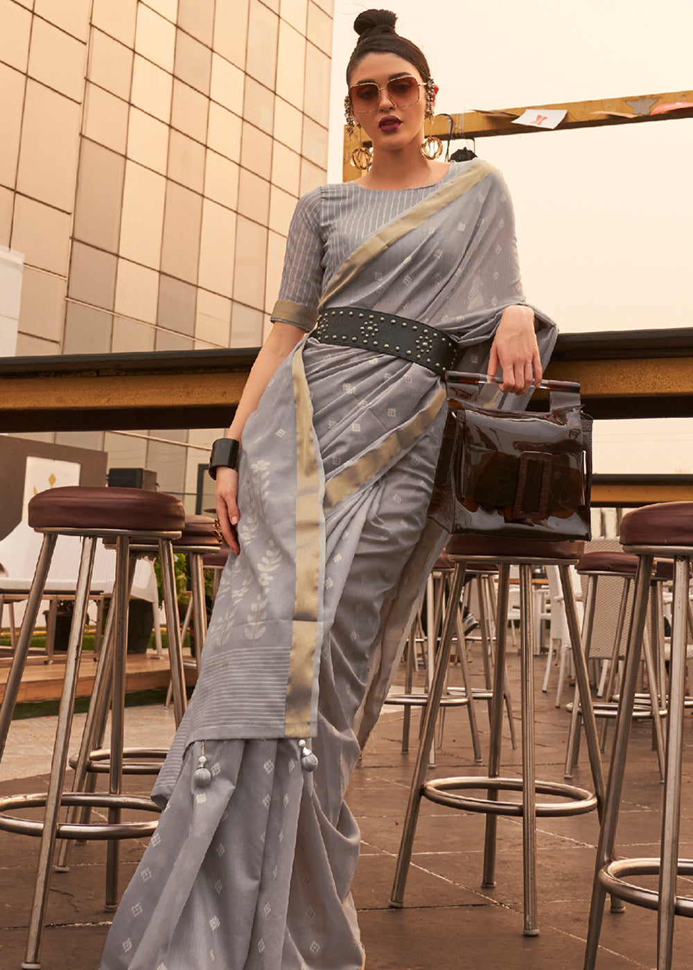 Buy MySilkLove Spicy Grey Zari Woven Banarasi Cotton Saree Online
