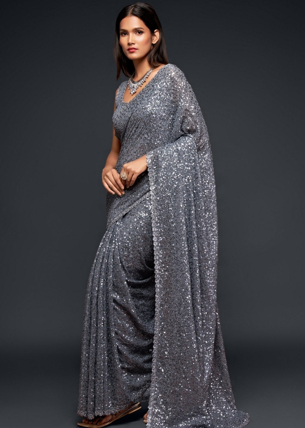 Buy MySilkLove Mid Gray Georgette Partywear Saree Online