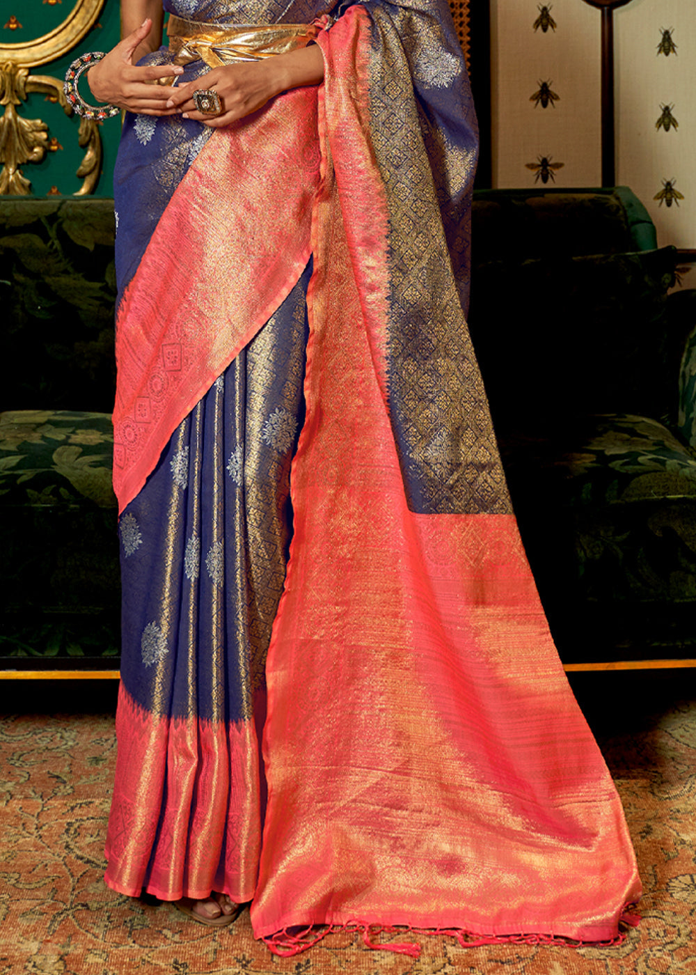 Buy MySilkLove Mulled Blue and Pink Zari Woven Banarasi Tussar Saree Online