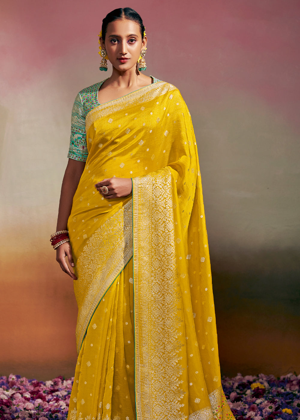 Buy MySilkLove Galliano Yellow Woven Banarasi Soft Silk Saree Online