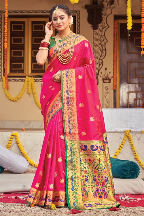 Buy MySilkLove Wild Pink and Green Zari Woven Paithani Saree Online