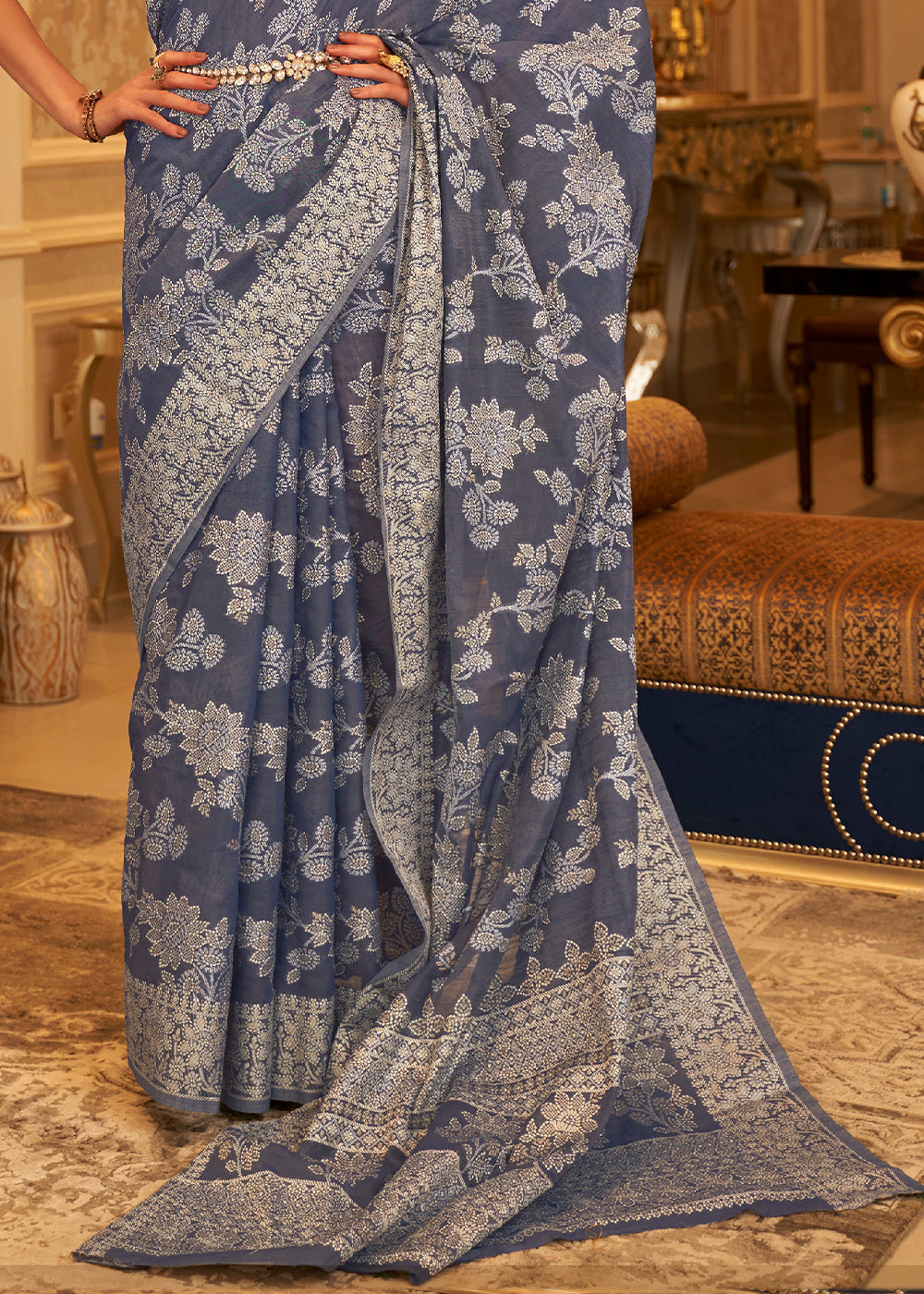 Buy MySilkLove Scarpa Flow Blue Woven Chikankari Saree Online