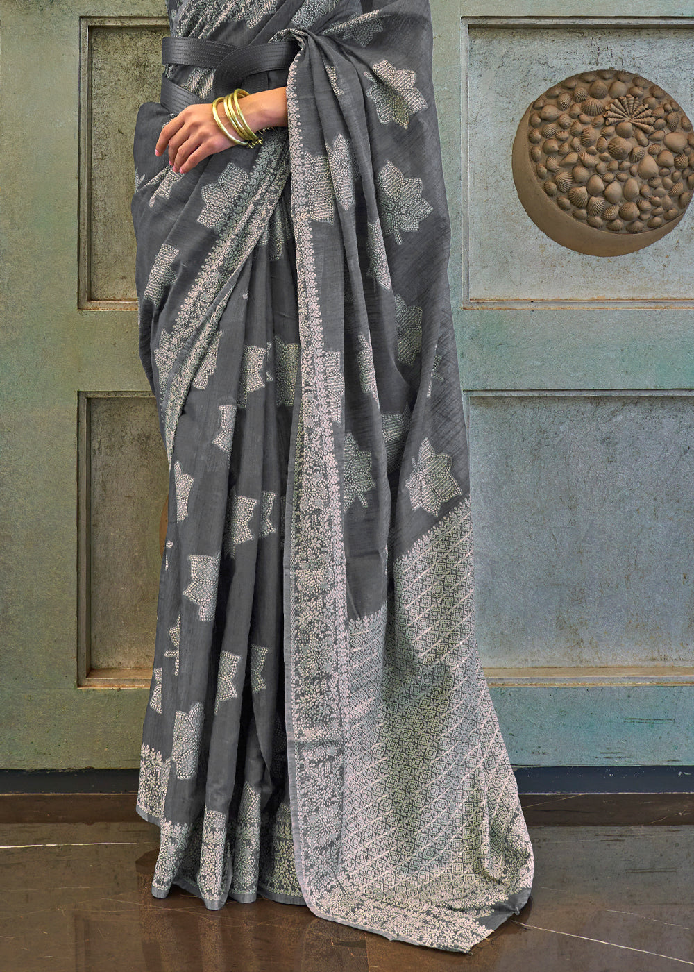 Buy MySilkLove Sparrow Grey Lucknowi Woven Chikankari Saree Online