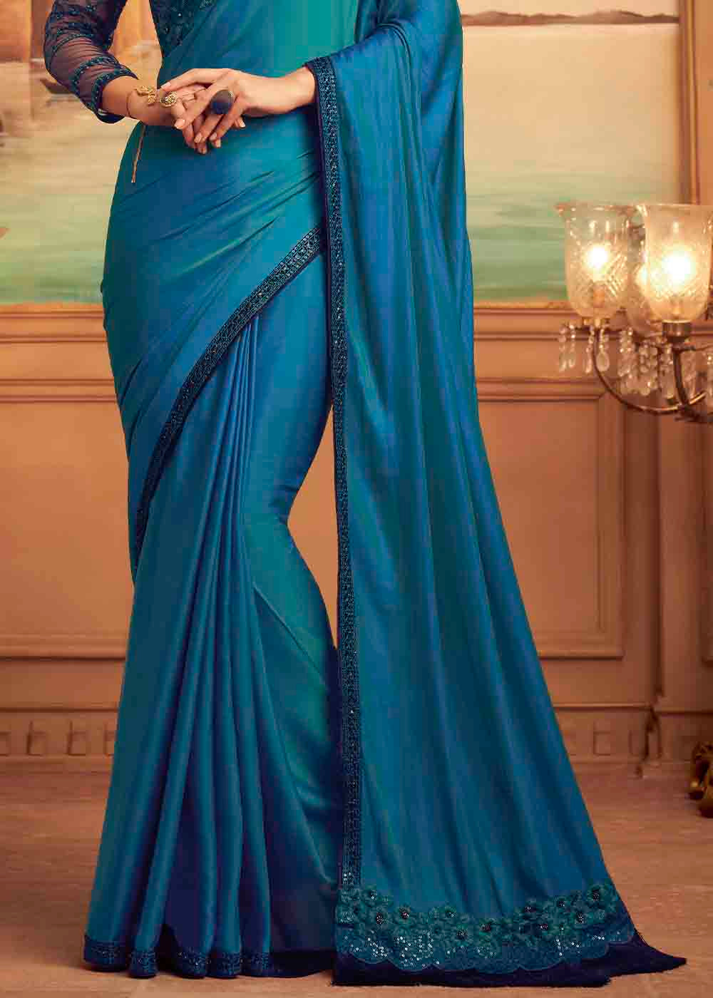Buy MySilkLove Calypso Blue Embroidered Satin Silk Designer Saree Online