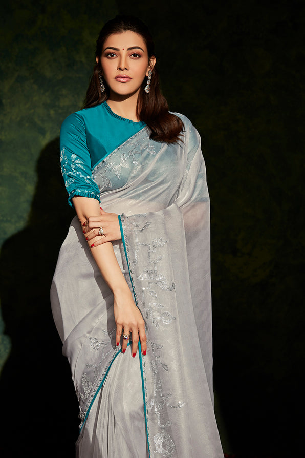 MySilkLove Ash Grey and Blue South Silk Saree