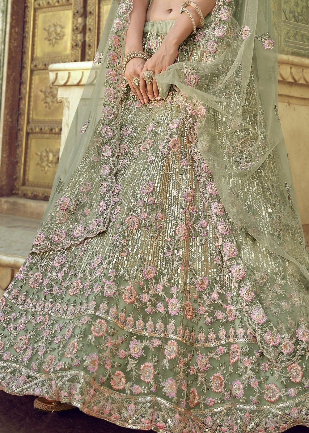 Buy MySilkLove Hillary Green Soft Net Designer Lehenga Choli Online