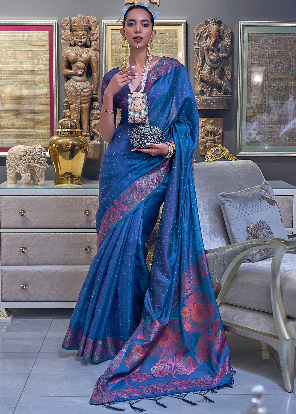 Buy MySilkLove Midnight Blue Woven Dual Tone Organza Banarasi Silk Saree Online