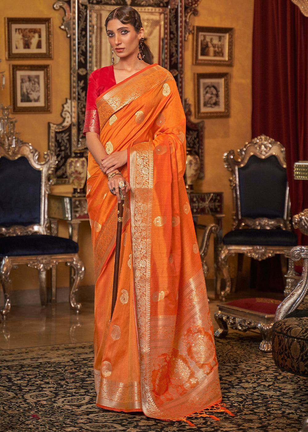 Buy MySilkLove Tango Orange and Red Zari Woven Tussar Saree Online