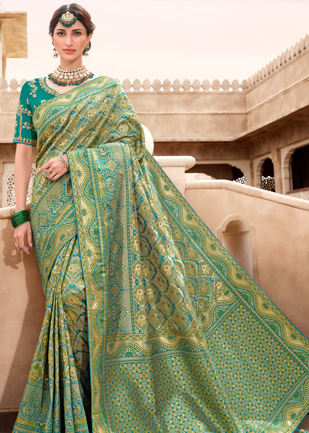 Buy MySilkLove Sage Green Woven Designer Banarasi Silk Saree Online