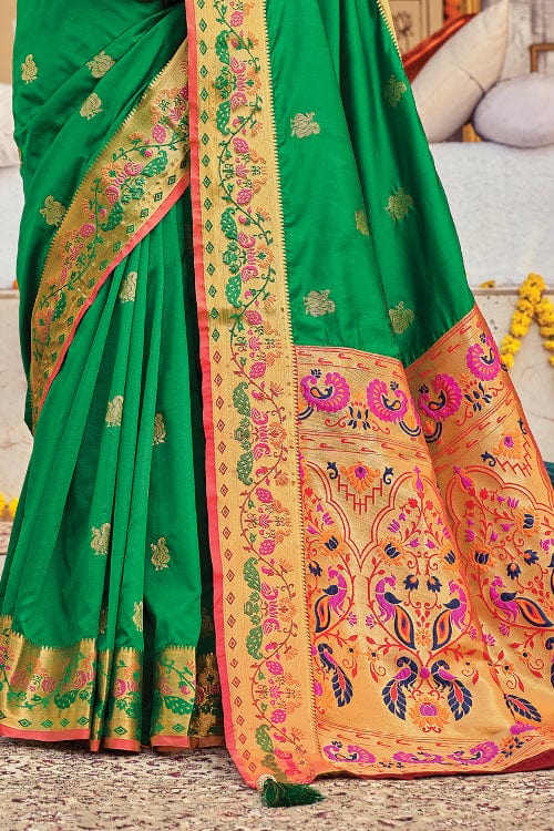 Buy MySilkLove Salad Green and Red Zari Woven Paithani Saree Online