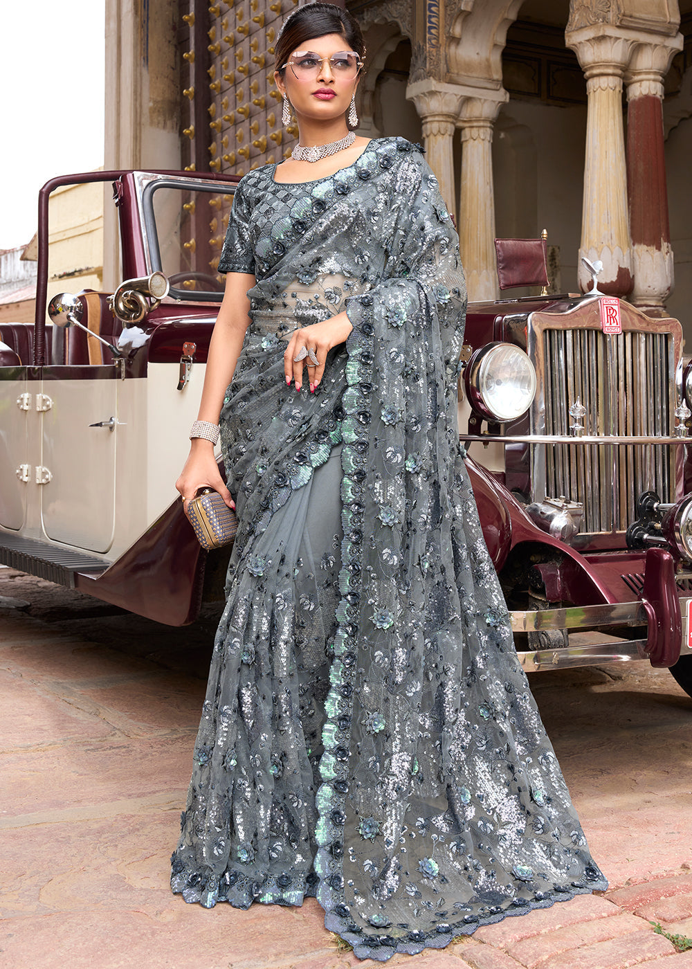 Buy MySilkLove Oslo Grey Designer Silk Saree Online