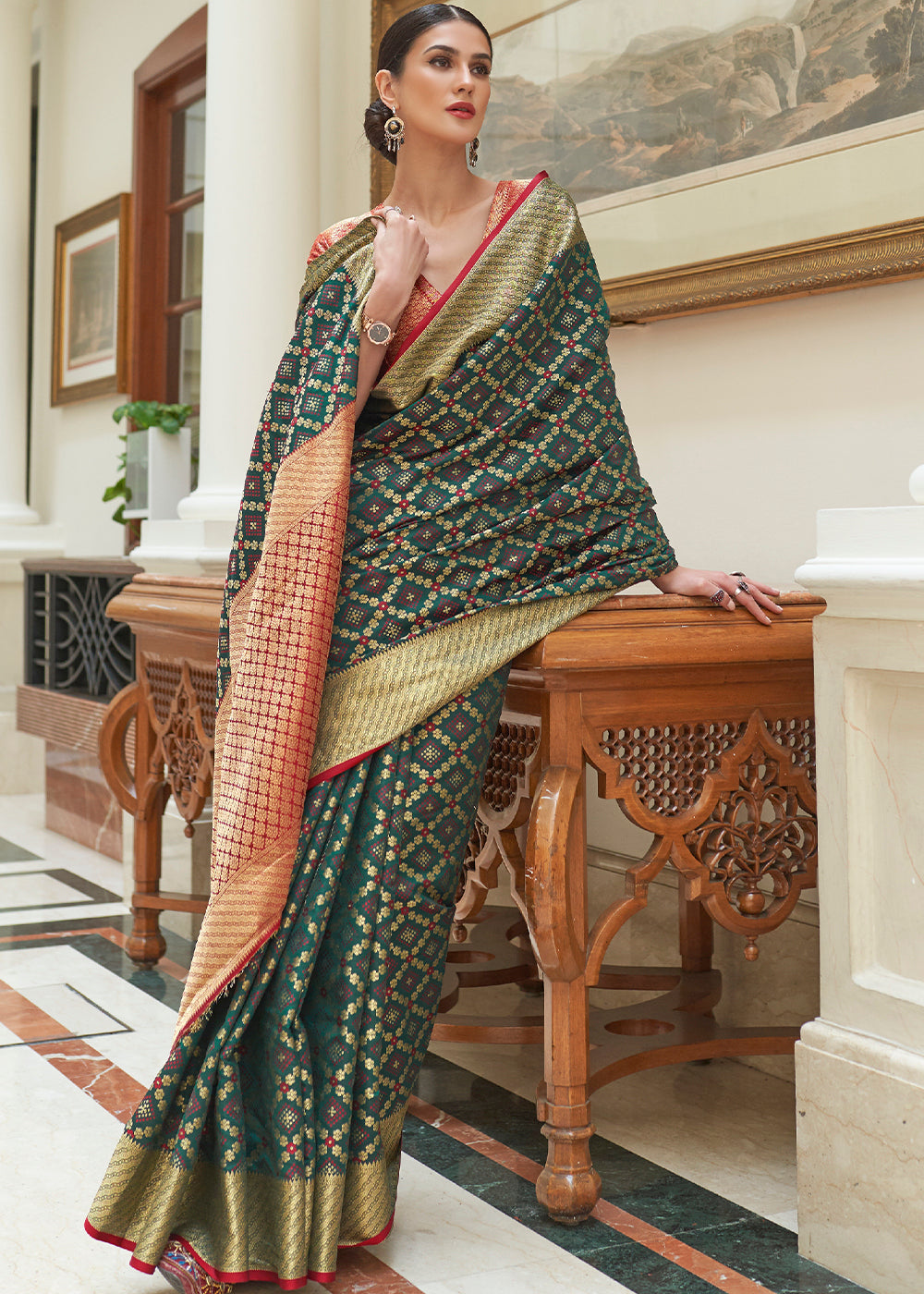 Buy MySilkLove Mineral Green and Red Woven Handloom Patola Saree Online