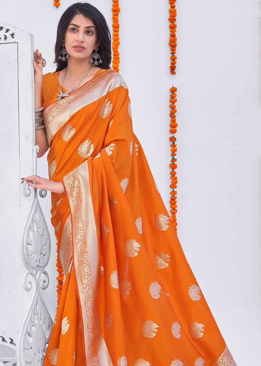 Buy MySilkLove Mango Orange Zari Woven Banarasi Silk Saree Online