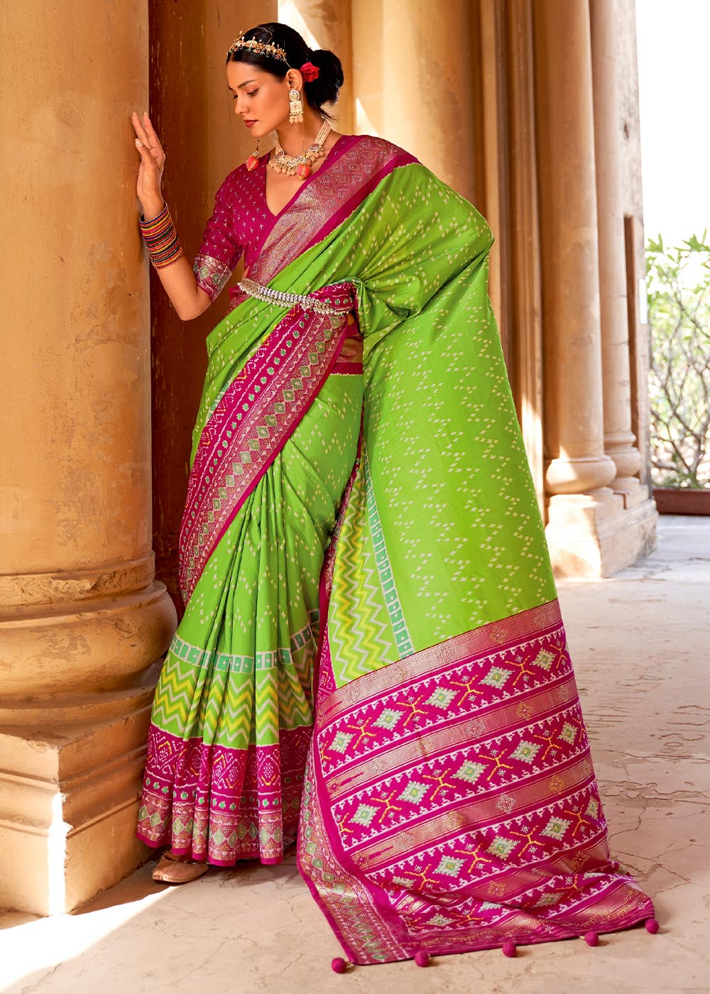 Buy MySilkLove Peridot Green and Pink Printed Patola Saree Online