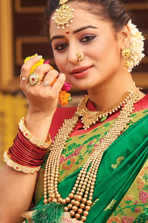 Buy MySilkLove Salad Green and Red Zari Woven Paithani Saree Online