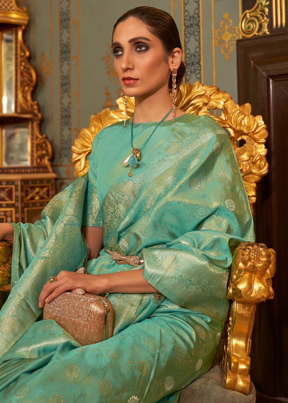 Buy MySilkLove Acapulco Green Zari Woven Banarasi Brocade Saree Online