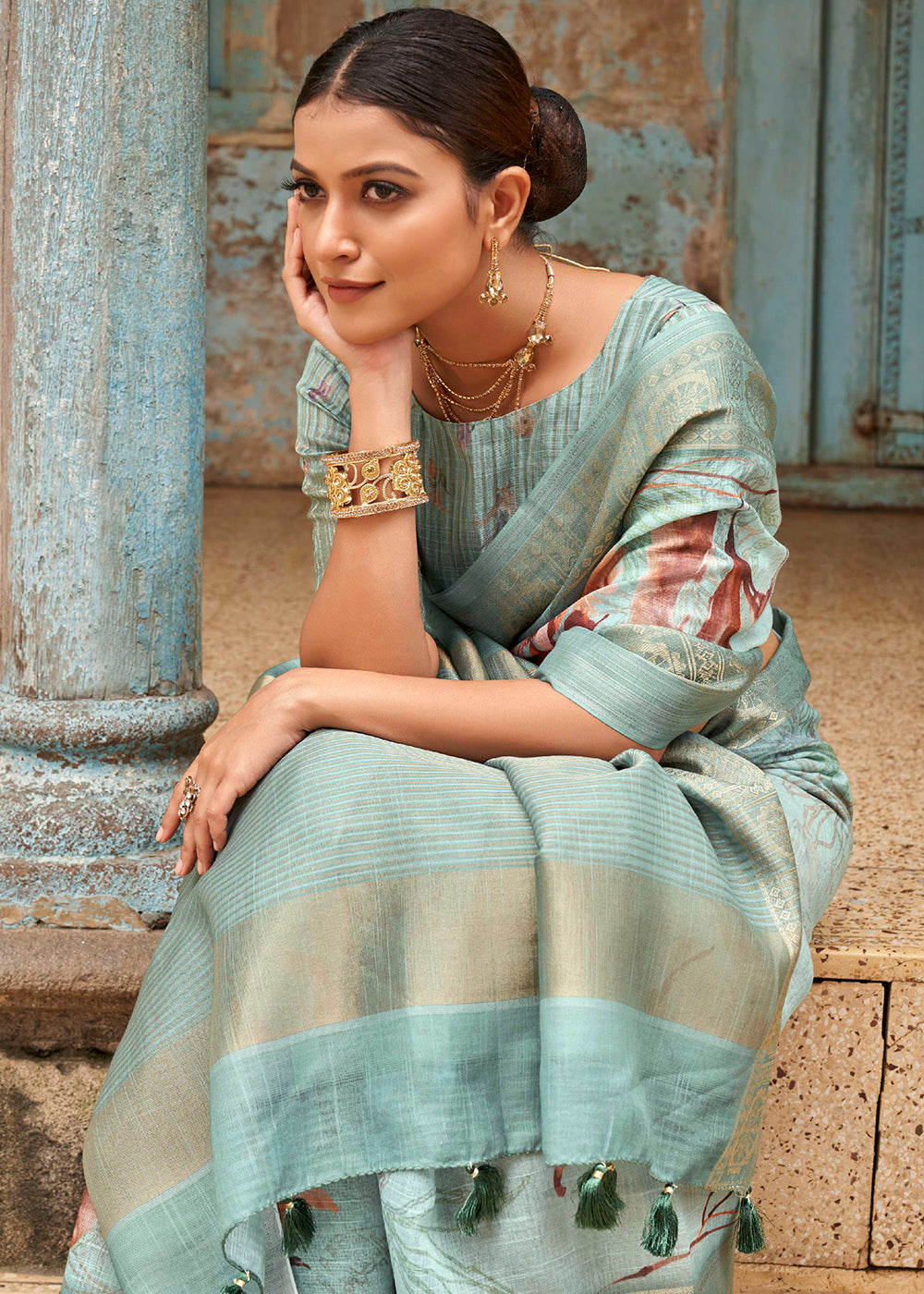 Buy MySilkLove Gum Leaf Green Floral Printed Linen Silk Saree Online