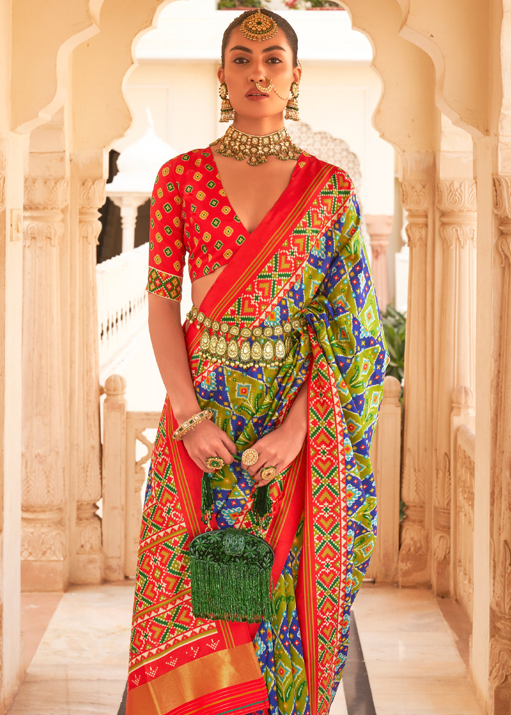 Buy MySilkLove Chambray Blue Green Red Printed Patola Tussar Saree Online