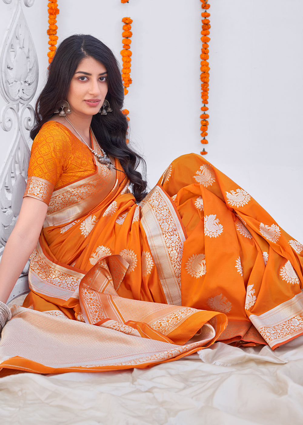 Buy MySilkLove Mango Orange Zari Woven Banarasi Silk Saree Online