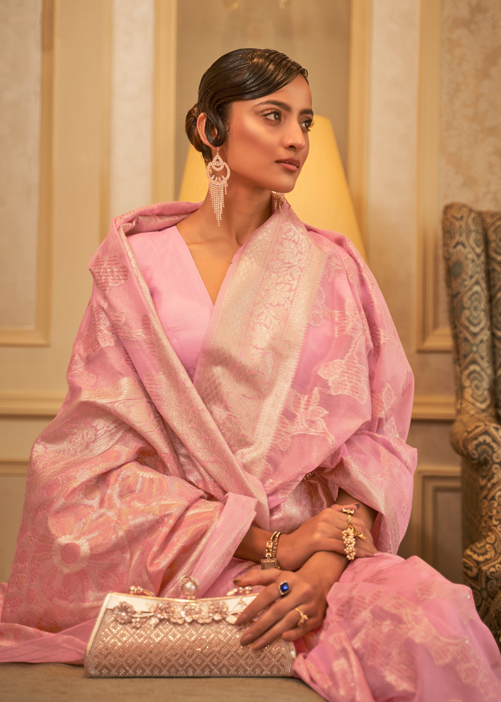 Buy MySilkLove Sea Pink Zari Woven Banarasi Cotton Saree Online