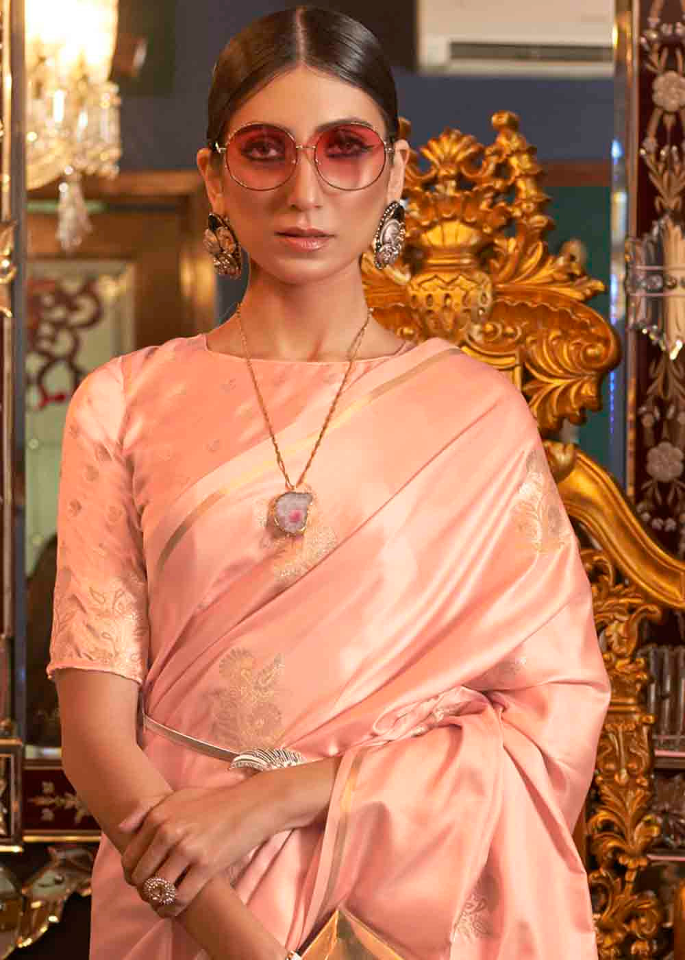 Buy MySilkLove Bud Pink Zari Woven Banarasi Satin Silk Saree Online