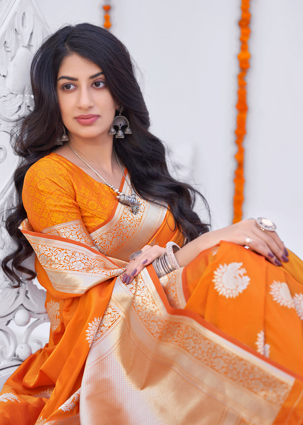 Buy MySilkLove Mango Orange Zari Woven Banarasi Silk Saree Online
