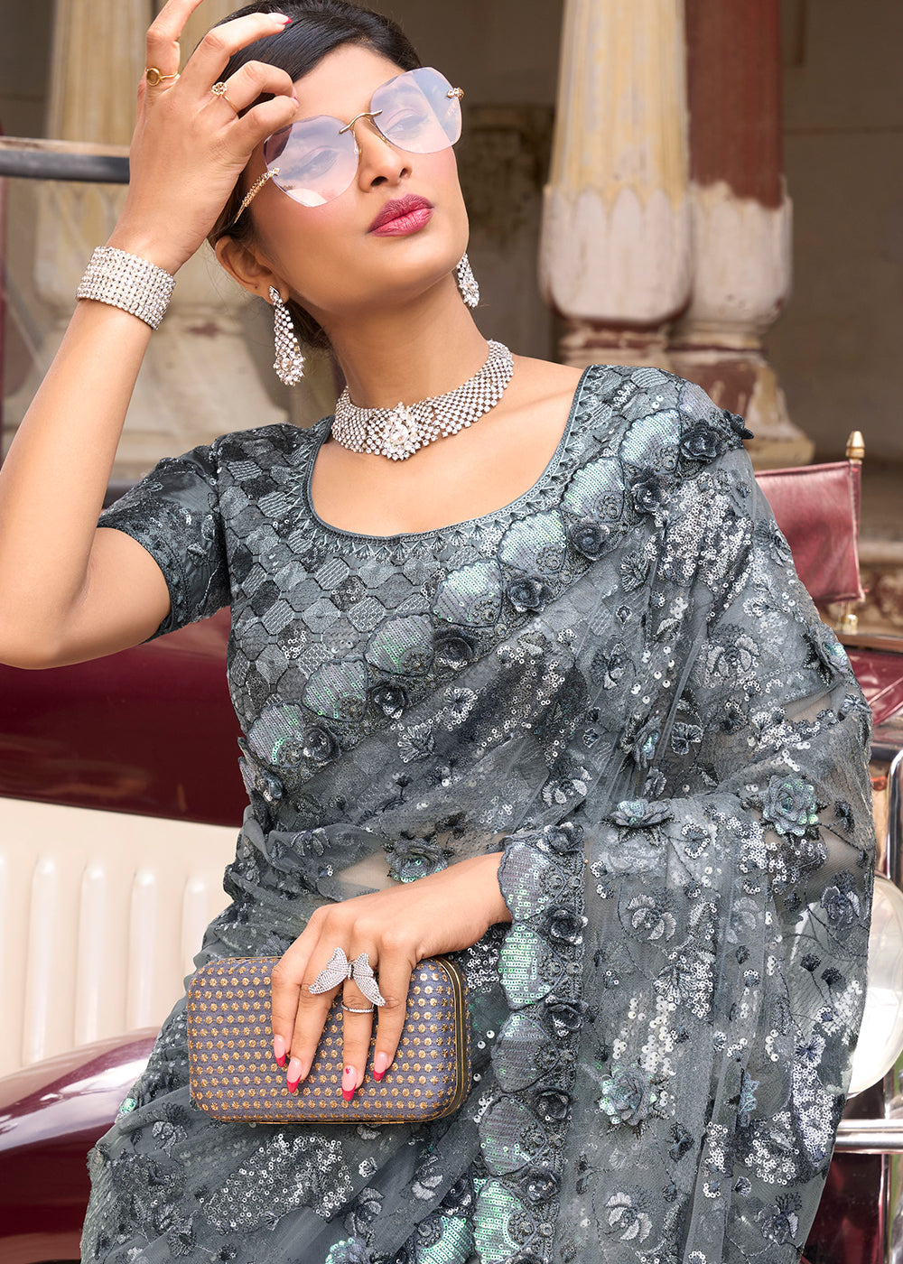 Buy MySilkLove Oslo Grey Designer Silk Saree Online