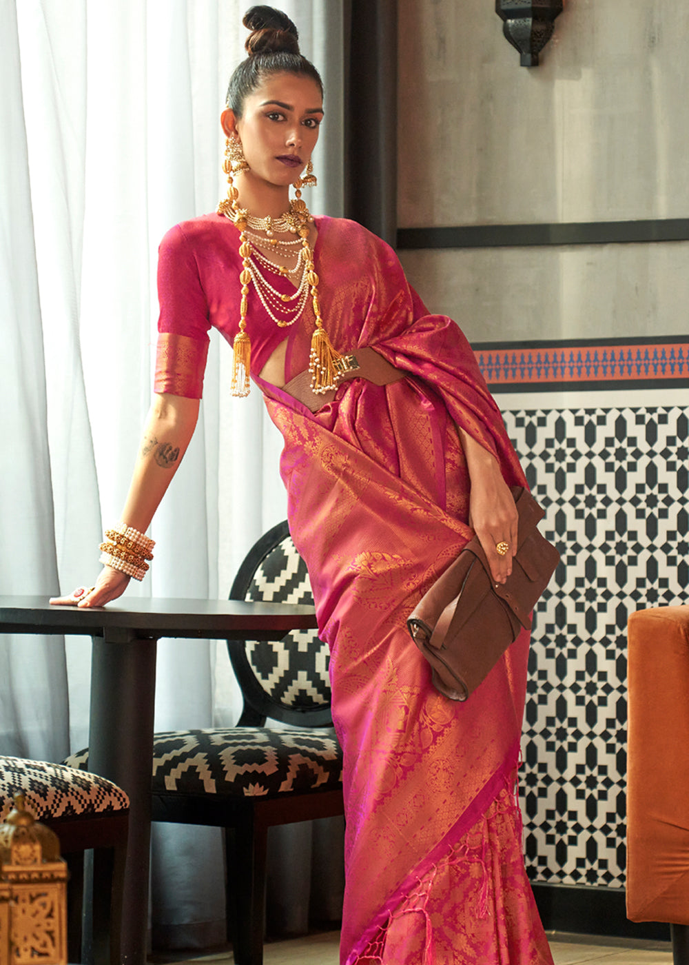 Buy MySilkLove Mojo Dark Pink Zari Woven Banarasi Brocade Saree Online