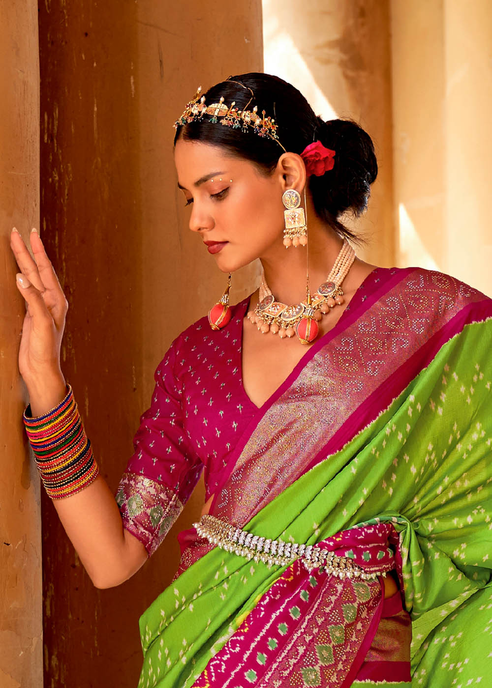 Buy MySilkLove Peridot Green and Pink Printed Patola Saree Online