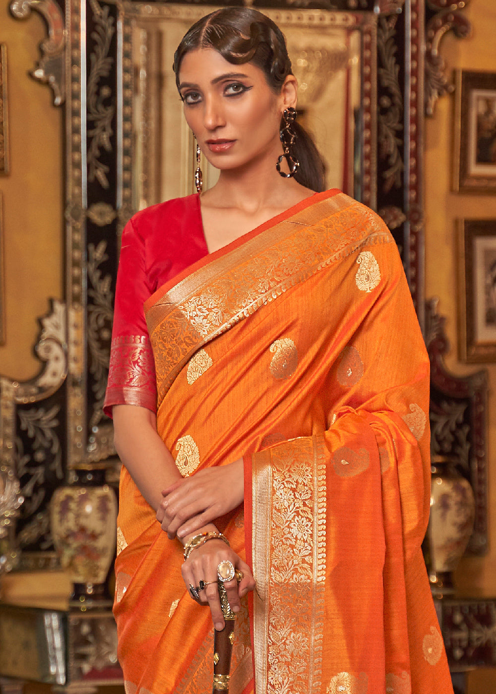 Buy MySilkLove Tango Orange and Red Zari Woven Tussar Saree Online