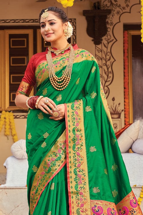 Buy MySilkLove Salad Green and Red Zari Woven Paithani Saree Online