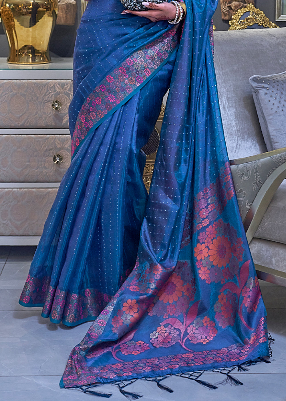 Buy MySilkLove Midnight Blue Woven Dual Tone Organza Banarasi Silk Saree Online