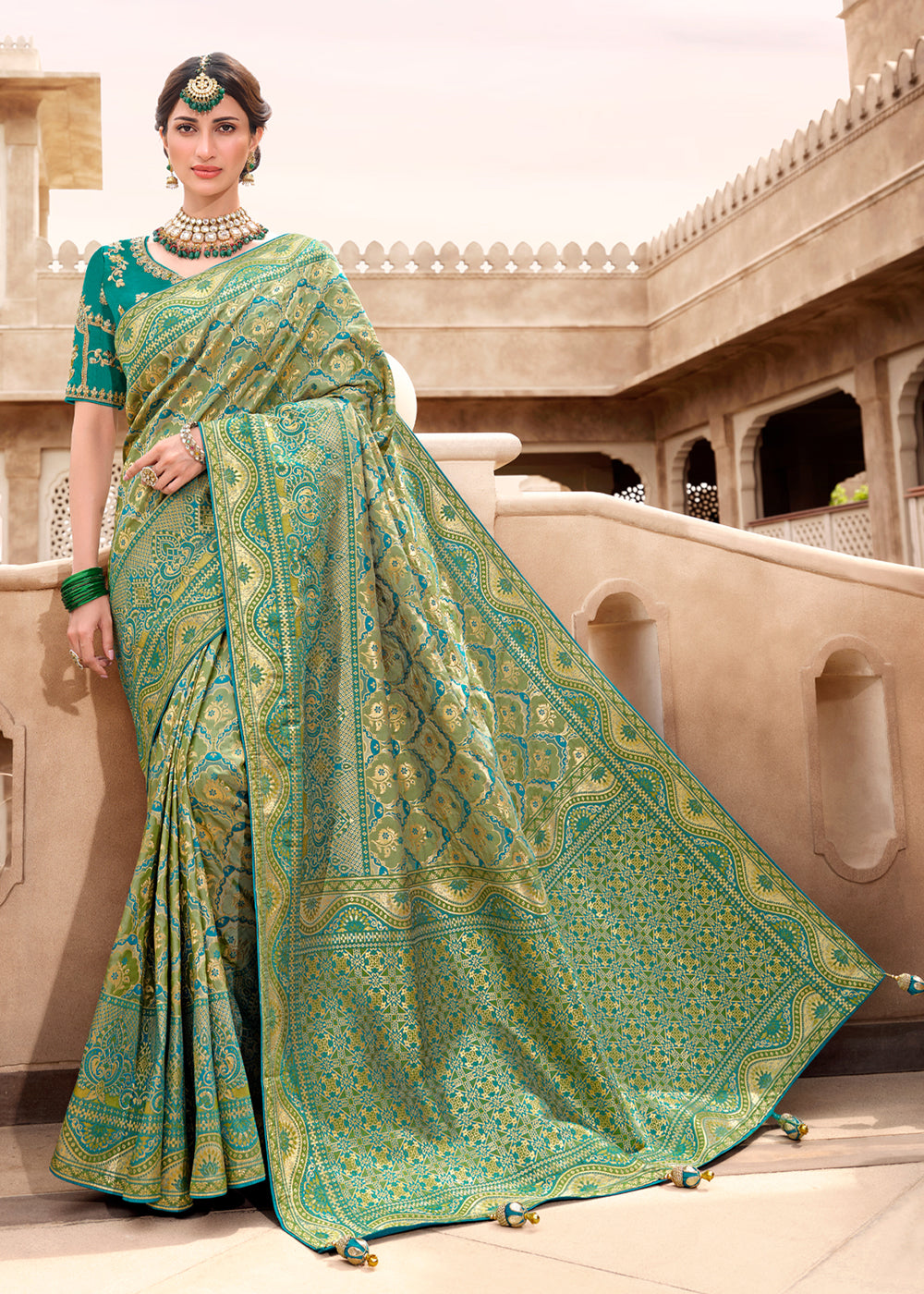 Buy MySilkLove Sage Green Woven Designer Banarasi Silk Saree Online