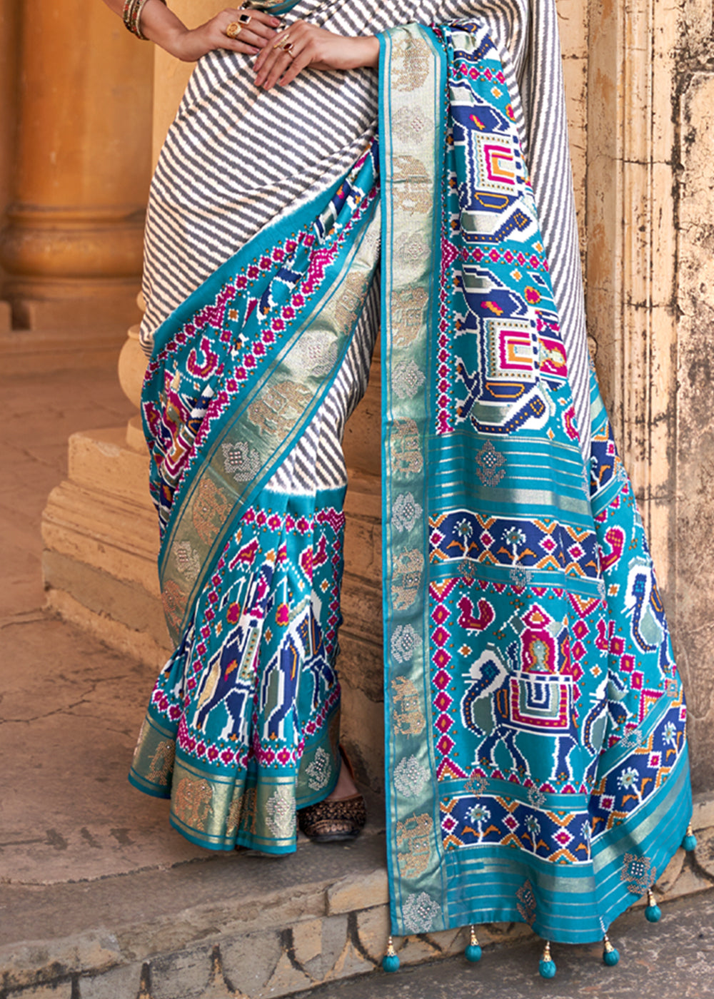 Buy MySilkLove Boston White and Blue Zari Woven Patola Saree Online